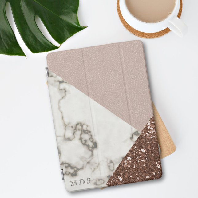 Modern Marble Rose Gold Glitter iPad Cover (Modern Marble Rose Gold Faux Glitter iPad Cover with space for your initials)