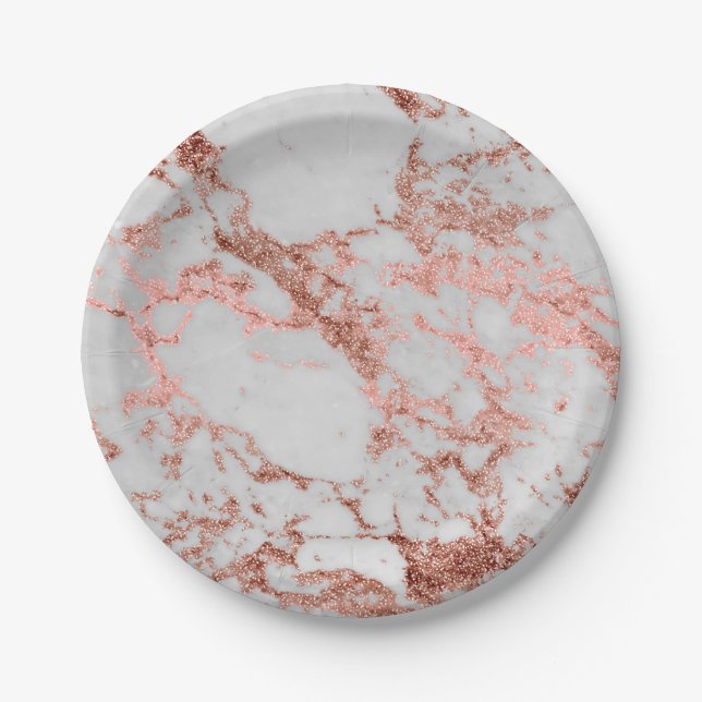 Modern Marble Rose Gold Glitter Paper Plates (Front)