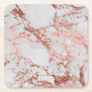 Modern Marble Rose Gold Glitter Square Paper Coaster