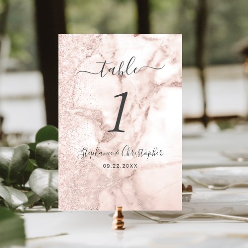 Modern Marble Rose Gold Glitter Wedding Table Number