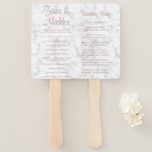 Modern Marble Rose Gold Script Wedding Program Hand Fan