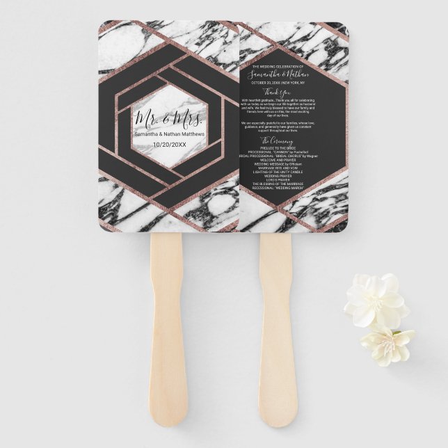 Modern Marble Rose Gold Trim Hexagon Programs Hand Fan (Front and Back)