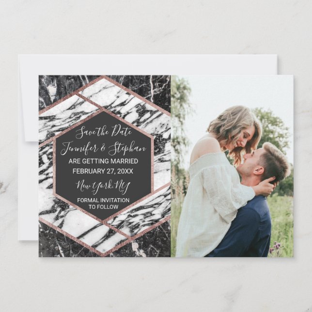 Modern Marble Rose Gold Trim Hexagon Save the Date Invitation (Front)