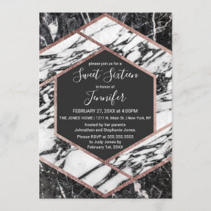 Modern Marble Rose Gold Trim Hexagon Sweet 16 Invitation