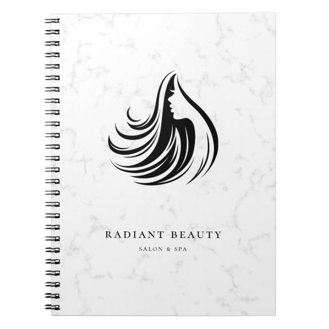 Modern Marble Salon Feminine Silhouette Black Logo Notebook (Front)