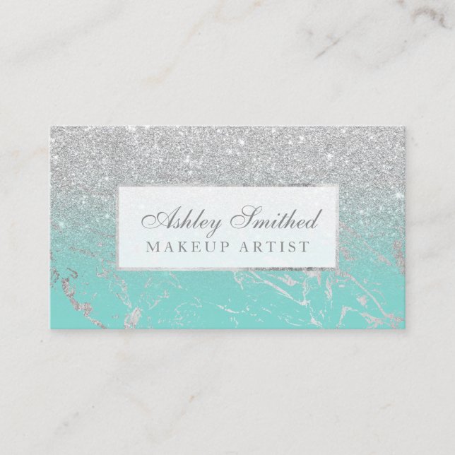 Modern marble silver glitter teal ombre makeup business card (Front)