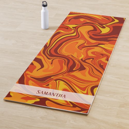 Modern Marble Swirl Bold Orange Red Yellow Name Yoga Mat