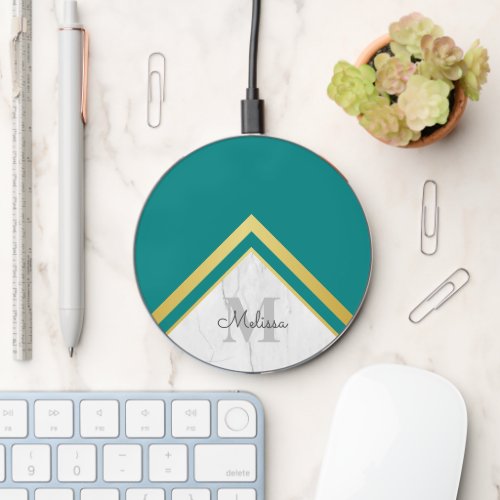 Modern Marble Teal Gold Chevron Name Monogram Wireless Charger