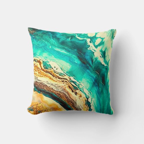 Modern marble Teal Turquoise Gold Faux Black  Throw Pillow