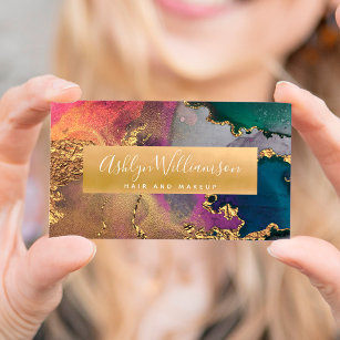 Modern marble watercolor gold purple blue & green business card
