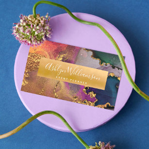 Modern marble watercolor gold purple green & blue business card