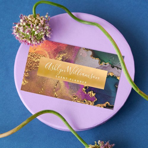 Modern marble watercolor gold purple green  blue business card
