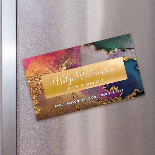 Modern marble watercolor gold purple green blue business card magnet
