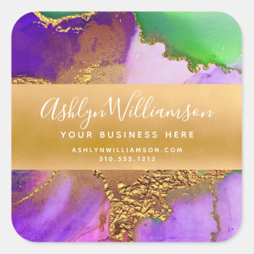 Modern marble watercolor gold purple green script square sticker