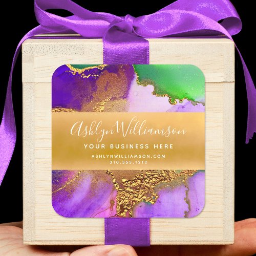 Modern marble watercolor gold purple green script square sticker