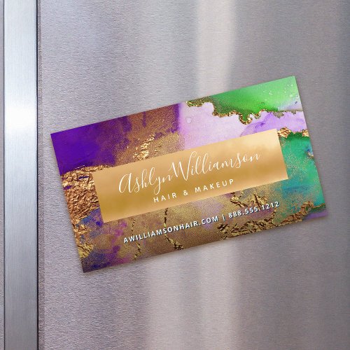 Modern marble watercolor gold purple green stylist business card magnet