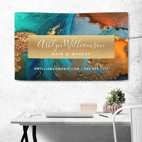 Modern marble watercolor gold turquoise hair salon banner