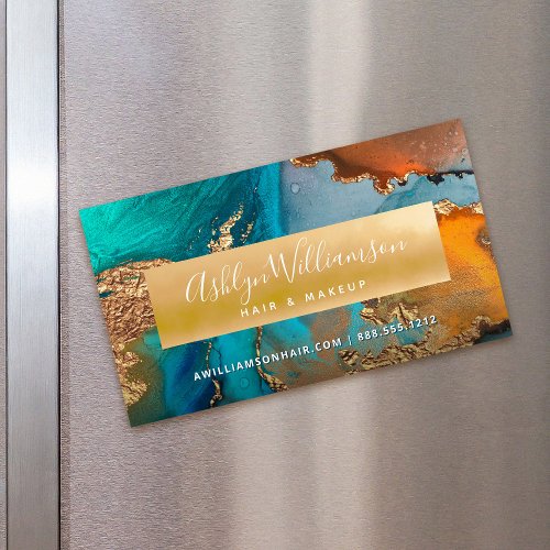 Modern marble watercolor gold turquoise hair salon business card magnet