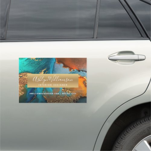 Modern marble watercolor gold turquoise orange car magnet