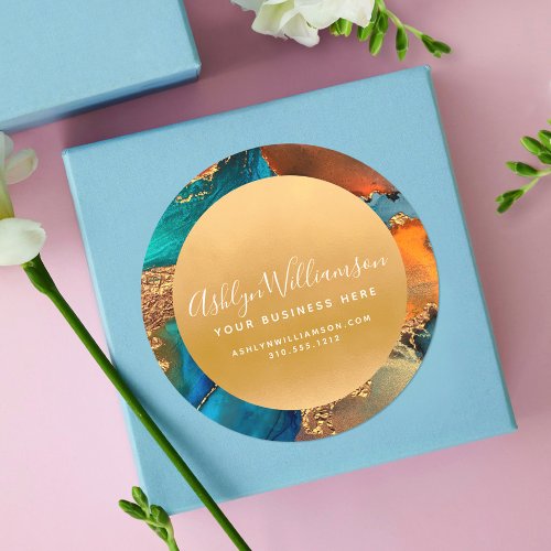 Modern marble watercolor gold turquoise orange classic round sticker