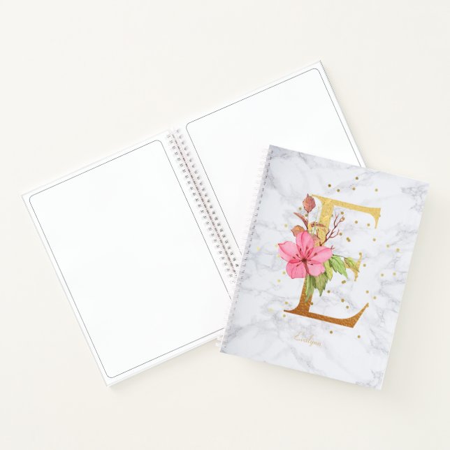 Modern Marble Watercolor Golden Monogram Letter E Notebook (Inside)