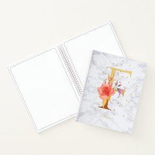 Modern Marble Watercolor Golden Monogram Letter F Notebook