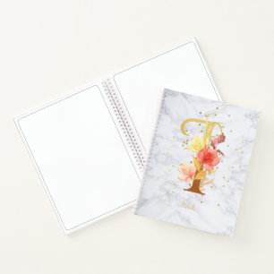 Modern Marble Watercolor Golden Monogram Letter I Notebook