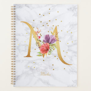 Modern Marble Watercolor Golden Monogram Letter M Planner