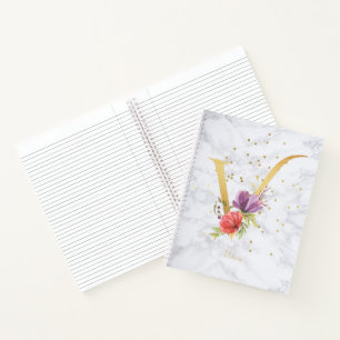 Modern Marble Watercolor Golden Monogram Letter V Notebook