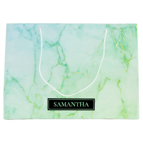 Modern Marble Watercolor Green  Blue Name Large Gift Bag