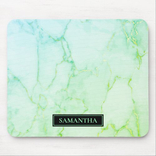 Modern Marble Watercolor Green  Blue Name Mouse Pad