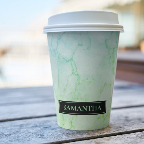 Modern Marble Watercolor Green  Blue Name Paper Cups