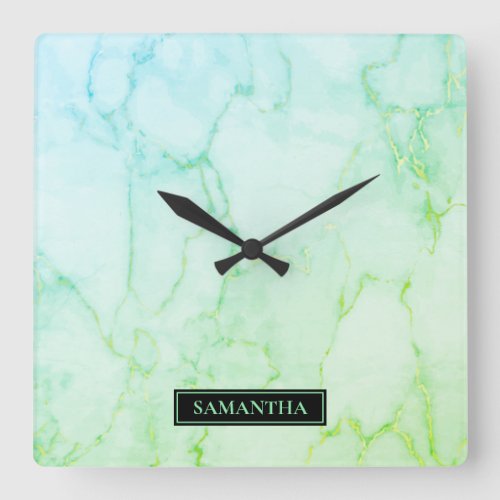 Modern Marble Watercolor Green  Blue Name Square Wall Clock