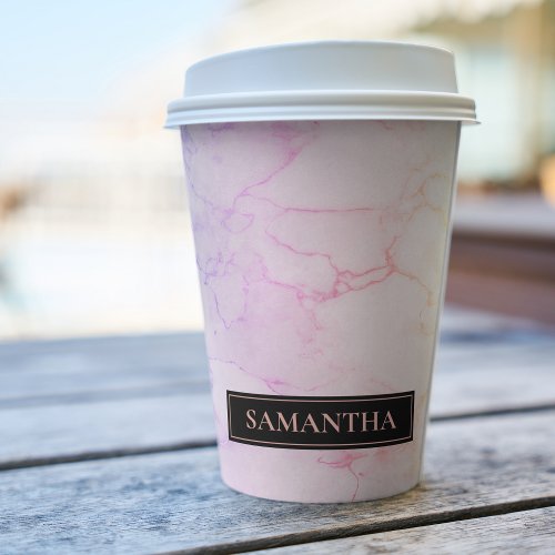 Modern Marble Watercolor Pink  Purple Name Paper Cups
