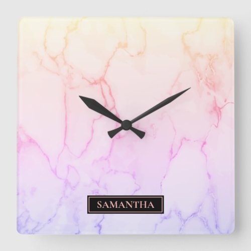 Modern Marble Watercolor Pink  Purple Name Square Wall Clock