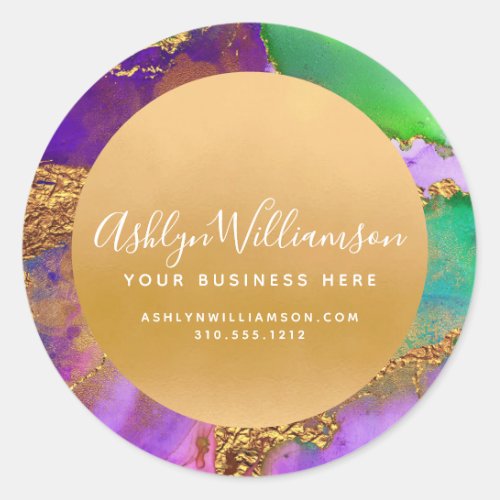 Modern marble watercolor purple gold green script classic round sticker