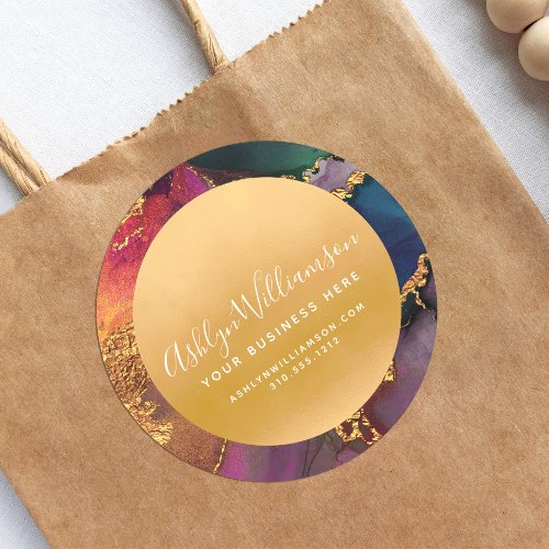 Modern marble watercolor purple gold pink green classic round sticker
