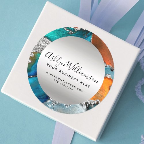 Modern marble watercolor silver turquoise orange  classic round sticker