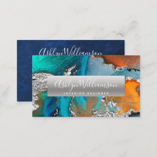 Modern marble watercolor silver turquoise script business card