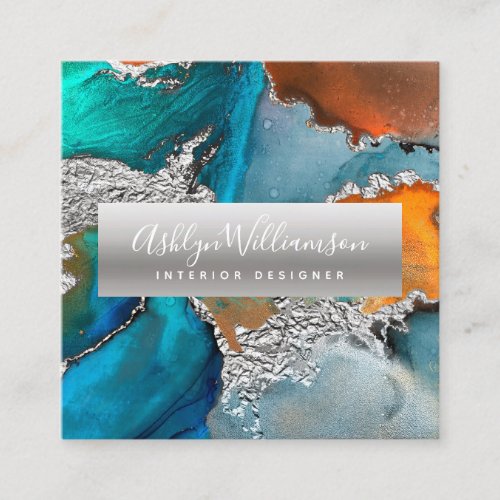 Modern marble watercolor silver turquoise script square business card