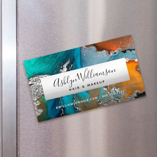 Modern marble watercolor silver turquoise stylist business card magnet