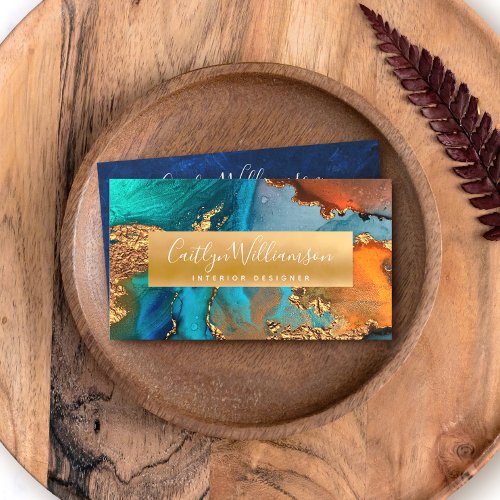 Modern marble watercolor turquoise gold orange business card