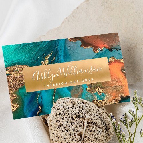 Modern marble watercolor turquoise orange  gold business card