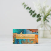 Modern marble watercolor turquoise orange & gold business card (Standing Front)
