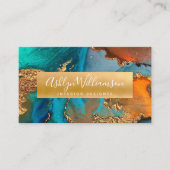 Modern marble watercolor turquoise orange & gold business card (Front)