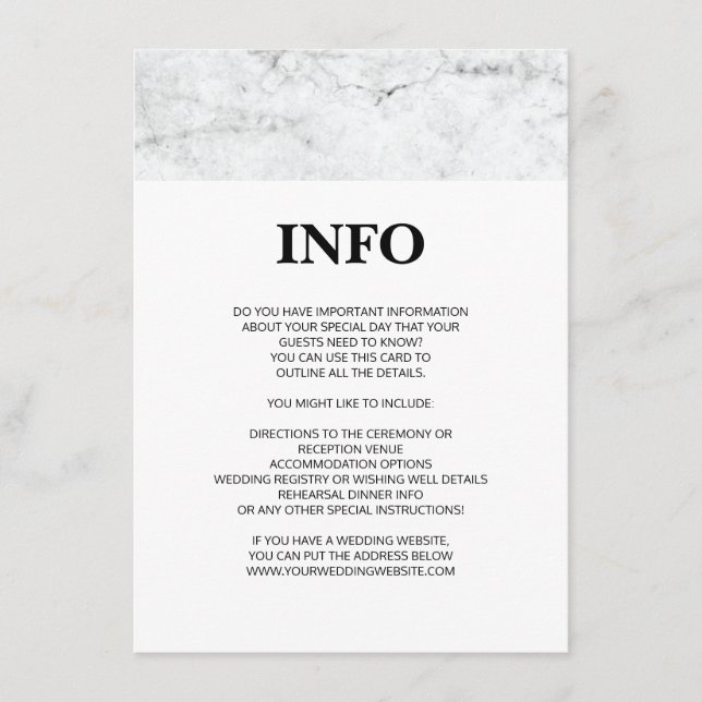 Modern marble wedding details/information card (Front)