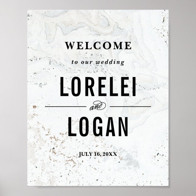 Modern Marble Wedding Welcome Sign | Black (Front)