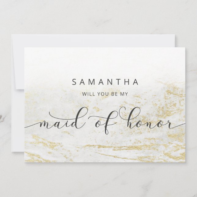 Modern Marble White Maid of Honor Proposal Card (Front)