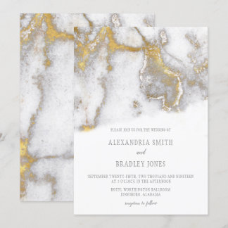 Modern Marbled Gray and Gold Wedding Invitation |