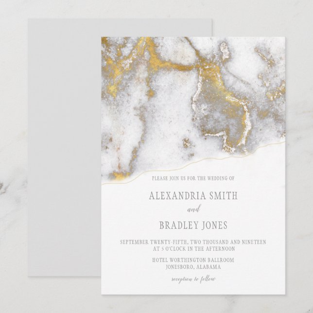 Modern Marbled Gray and Gold Wedding Invitation | (Front/Back)